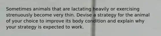 Sometimes animals that are lactating heavily or exercising strenuously become very thin. Devise a strategy for the animal of your choice to improve its body condition and explain why your strategy is expected to work.