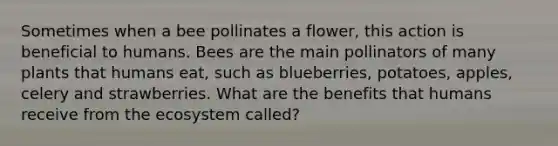 Sometimes when a bee pollinates a flower, this action is beneficial to humans. Bees are the main pollinators of many plants that humans eat, such as blueberries, potatoes, apples, celery and strawberries. What are the benefits that humans receive from <a href='https://www.questionai.com/knowledge/k49x5J3j3W-the-ecosystem' class='anchor-knowledge'>the ecosystem</a> called?