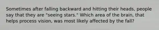 Sometimes after falling backward and hitting their heads, people say that they are "seeing stars." Which area of the brain, that helps process vision, was most likely affected by the fall?