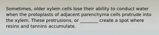 Sometimes, older xylem cells lose their ability to conduct water when the protoplasts of adjacent parenchyma cells protrude into the xylem. These protrusions, or ________ create a spot where resins and tannins accumulate.