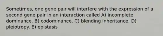 Sometimes, one gene pair will interfere with the expression of a second gene pair in an interaction called A) incomplete dominance. B) codominance. C) blending inheritance. D) pleiotropy. E) epistasis