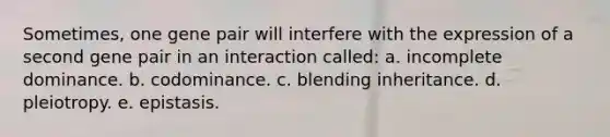 Sometimes, one gene pair will interfere with the expression of a second gene pair in an interaction called: a. incomplete dominance. b. codominance. c. blending inheritance. d. pleiotropy. e. epistasis.