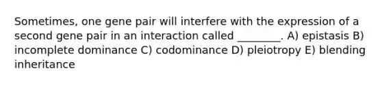 Sometimes, one gene pair will interfere with the expression of a second gene pair in an interaction called ________. A) epistasis B) incomplete dominance C) codominance D) pleiotropy E) blending inheritance