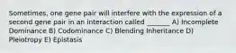 Sometimes, one gene pair will interfere with the expression of a second gene pair in an interaction called _______ A) Incomplete Dominance B) Codominance C) Blending Inheritance D) Pleiotropy E) Epistasis