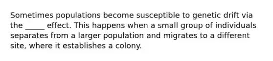 Sometimes populations become susceptible to genetic drift via the _____ effect. This happens when a small group of individuals separates from a larger population and migrates to a different site, where it establishes a colony.