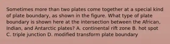 Sometimes more than two plates come together at a special kind of plate boundary, as shown in the figure. What type of plate boundary is shown here at the intersection between the African, Indian, and Antarctic plates? A. continental rift zone B. hot spot C. triple junction D. modified transform plate boundary