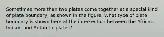 Sometimes <a href='https://www.questionai.com/knowledge/keWHlEPx42-more-than' class='anchor-knowledge'>more than</a> two plates come together at a special kind of plate boundary, as shown in the figure. What type of plate boundary is shown here at the intersection between the African, Indian, and Antarctic plates?