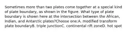 Sometimes more than two plates come together at a special kind of plate boundary, as shown in the figure. What type of plate boundary is shown here at the intersection between the African, Indian, and Antarctic plates?Choose one:A. modified transform plate boundaryB. triple junctionC. continental rift zoneD. hot spot