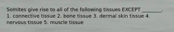 Somites give rise to all of the following tissues EXCEPT ________. 1. connective tissue 2. bone tissue 3. dermal skin tissue 4. nervous tissue 5. muscle tissue