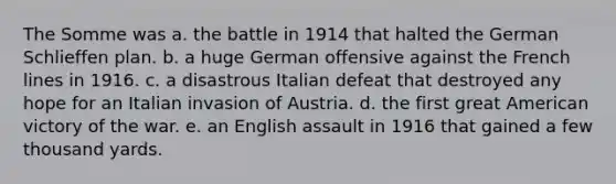 The Somme was a. the battle in 1914 that halted the German Schlieffen plan. b. a huge German offensive against the French lines in 1916. c. a disastrous Italian defeat that destroyed any hope for an Italian invasion of Austria. d. the first great American victory of the war. e. an English assault in 1916 that gained a few thousand yards.