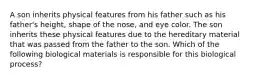 A son inherits physical features from his father such as his​ father's height, shape of the​ nose, and eye color. The son inherits these physical features due to the hereditary material that was passed from the father to the son. Which of the following biological materials is responsible for this biological​ process?