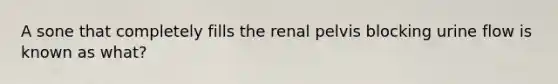 A sone that completely fills the renal pelvis blocking urine flow is known as what?