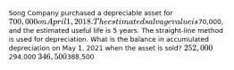 Song Company purchased a depreciable asset for 700,000 on April 1, 2018. The estimated salvage value is70,000, and the estimated useful life is 5 years. The straight-line method is used for depreciation. What is the balance in accumulated depreciation on May 1, 2021 when the asset is sold? 252,000294,000 346,500388,500