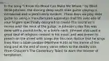 In the song "I Know His Blood Can Make Me Whole," by Blind Willie Johnson, the droning deep south slide guitar playing is introduced and is particularly evident. These days we play slide guitar by using a manufactured apparatus that fits over one of your fingers specifically designed to create this sound as it moves over the neck of the guitar; in Johnson's day this was done with a pocket knife, or a bottle neck. Johnson also used a great deal of religious content in his music and was known to preach on the street with songs like this one. Notice that he sings lines from a bible parable (Matthew 9:20) as the theme of the song and at the end of every verse refers to the deadly sins (from Chaucer's The Canterbury Tales) to warn the listener of temptation.