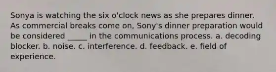 Sonya is watching the six o'clock news as she prepares dinner. As commercial breaks come on, Sony's dinner preparation would be considered _____ in the communications process. a. decoding blocker. b. noise. c. interference. d. feedback. e. field of experience.