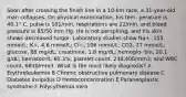 Soon after crossing the finish line in a 10-km race, a 31-year-old man collapses. On physical examination, his tem- perature is 40.1° C, pulse is 101/min, respirations are 22/min, and blood pressure is 85/50 mm Hg. He is not perspiring, and his skin shows decreased turgor. Laboratory studies show Na+, 155 mmol/L; K+, 4.6 mmol/L; Cl−, 106 mmol/L; CO2, 27 mmol/L; glucose, 68 mg/dL; creatinine, 1.8 mg/dL; hemoglo- bin, 20.1 g/dL; hematocrit, 60.3%; platelet count, 230,400/mm3; and WBC count, 6830/mm3. What is the most likely diagnosis? A Erythroleukemia B Chronic obstructive pulmonary disease C Diabetes insipidus D Hemoconcentration E Paraneoplastic syndrome F Polycythemia vera