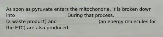 As soon as pyruvate enters the mitochondria, it is broken down into _____________________. During that process, _________________ (a waste product) and _________________ (an energy molecules for the ETC) are also produced.