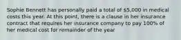 Sophie Bennett has personally paid a total of 5,000 in medical costs this year. At this point, there is a clause in her insurance contract that requires her insurance company to pay 100% of her medical cost for remainder of the year