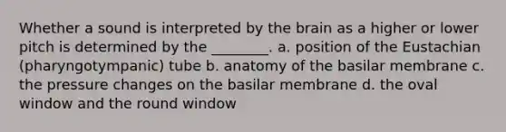 Whether a sound is interpreted by the brain as a higher or lower pitch is determined by the ________. a. position of the Eustachian (pharyngotympanic) tube b. anatomy of the basilar membrane c. the pressure changes on the basilar membrane d. the oval window and the round window