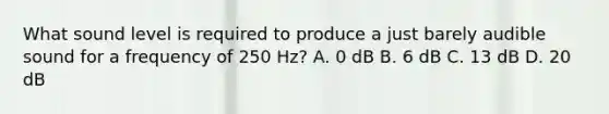 What sound level is required to produce a just barely audible sound for a frequency of 250 Hz? A. 0 dB B. 6 dB C. 13 dB D. 20 dB