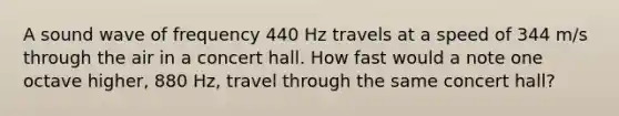 A sound wave of frequency 440 Hz travels at a speed of 344 m/s through the air in a concert hall. How fast would a note one octave higher, 880 Hz, travel through the same concert hall?