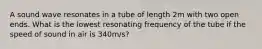 A sound wave resonates in a tube of length 2m with two open ends. What is the lowest resonating frequency of the tube if the speed of sound in air is 340m/s?