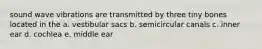 sound wave vibrations are transmitted by three tiny bones located in the a. vestibular sacs b. semicircular canals c. inner ear d. cochlea e. middle ear