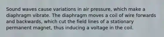 Sound waves cause variations in air pressure, which make a diaphragm vibrate. The diaphragm moves a coil of wire forwards and backwards, which cut the field lines of a stationary permanent magnet, thus inducing a voltage in the coil.