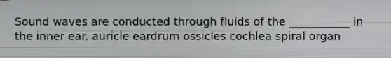 Sound waves are conducted through fluids of the ___________ in the inner ear. auricle eardrum ossicles cochlea spiral organ