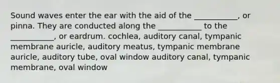 Sound waves enter the ear with the aid of the ___________, or pinna. They are conducted along the ___________ to the ___________, or eardrum. cochlea, auditory canal, tympanic membrane auricle, auditory meatus, tympanic membrane auricle, auditory tube, oval window auditory canal, tympanic membrane, oval window