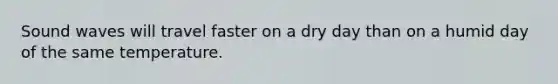 Sound waves will travel faster on a dry day than on a humid day of the same temperature.