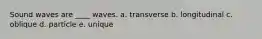 Sound waves are ____ waves. a. transverse b. longitudinal c. oblique d. particle e. unique