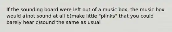 If the sounding board were left out of a music box, the music box would a)not sound at all b)make little "plinks" that you could barely hear c)sound the same as usual