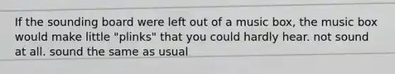 If the sounding board were left out of a music box, the music box would make little "plinks" that you could hardly hear. not sound at all. sound the same as usual