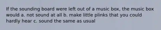 If the sounding board were left out of a music box, the music box would a. not sound at all b. make little plinks that you could hardly hear c. sound the same as usual