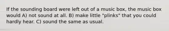 If the sounding board were left out of a music box, the music box would A) not sound at all. B) make little "plinks" that you could hardly hear. C) sound the same as usual.