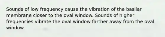 Sounds of low frequency cause the vibration of the basilar membrane closer to the oval window. Sounds of higher frequencies vibrate the oval window farther away from the oval window.