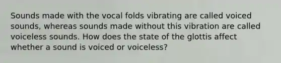 Sounds made with the vocal folds vibrating are called voiced sounds, whereas sounds made without this vibration are called voiceless sounds. How does the state of the glottis affect whether a sound is voiced or voiceless?