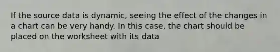 If the source data is dynamic, seeing the effect of the changes in a chart can be very handy. In this case, the chart should be placed on the worksheet with its data