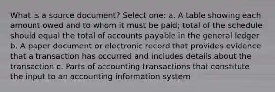 What is a source document? Select one: a. A table showing each amount owed and to whom it must be paid; total of the schedule should equal the total of accounts payable in the general ledger b. A paper document or electronic record that provides evidence that a transaction has occurred and includes details about the transaction c. Parts of accounting transactions that constitute the input to an accounting information system