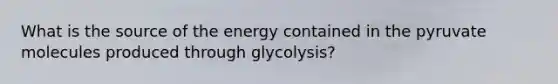 What is the source of the energy contained in the pyruvate molecules produced through glycolysis?