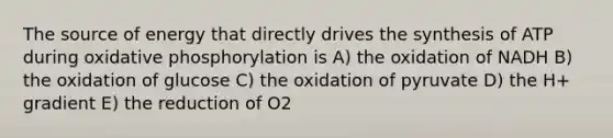 The source of energy that directly drives the synthesis of ATP during <a href='https://www.questionai.com/knowledge/kFazUb9IwO-oxidative-phosphorylation' class='anchor-knowledge'>oxidative phosphorylation</a> is A) the oxidation of NADH B) the oxidation of glucose C) the oxidation of pyruvate D) the H+ gradient E) the reduction of O2