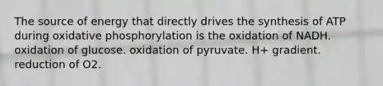 The source of energy that directly drives the synthesis of ATP during oxidative phosphorylation is the oxidation of NADH. oxidation of glucose. oxidation of pyruvate. H+ gradient. reduction of O2.