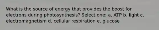 What is the source of energy that provides the boost for electrons during photosynthesis? Select one: a. ATP b. light c. electromagnetism d. cellular respiration e. glucose