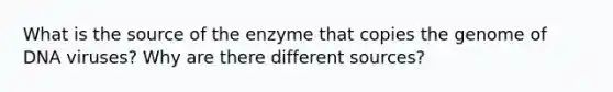 What is the source of the enzyme that copies the genome of DNA viruses? Why are there different sources?