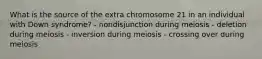 What is the source of the extra chromosome 21 in an individual with Down syndrome? - nondisjunction during meiosis - deletion during meiosis - inversion during meiosis - crossing over during meiosis