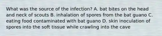 What was the source of the infection? A. bat bites on the head and neck of scouts B. inhalation of spores from the bat guano C. eating food contaminated with bat guano D. skin inoculation of spores into the soft tissue while crawling into the cave