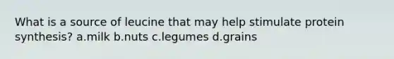 What is a source of leucine that may help stimulate protein synthesis? a.milk b.nuts c.legumes d.grains