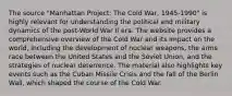 The source "Manhattan Project: The Cold War, 1945-1990" is highly relevant for understanding the political and military dynamics of the post-World War II era. The website provides a comprehensive overview of the Cold War and its impact on the world, including the development of nuclear weapons, the arms race between the United States and the Soviet Union, and the strategies of nuclear deterrence. The material also highlights key events such as the Cuban Missile Crisis and the fall of the Berlin Wall, which shaped the course of the Cold War.