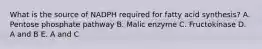 What is the source of NADPH required for fatty acid synthesis? A. Pentose phosphate pathway B. Malic enzyme C. Fructokinase D. A and B E. A and C